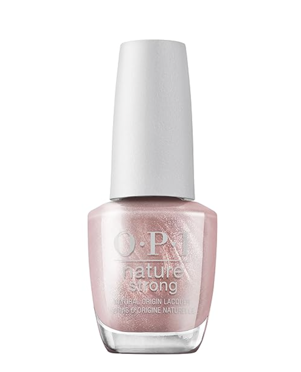 A bottle of OPI Intentions are Rose Gold, a shimmering metallic pink-gold nail polish for a radiant summer look.