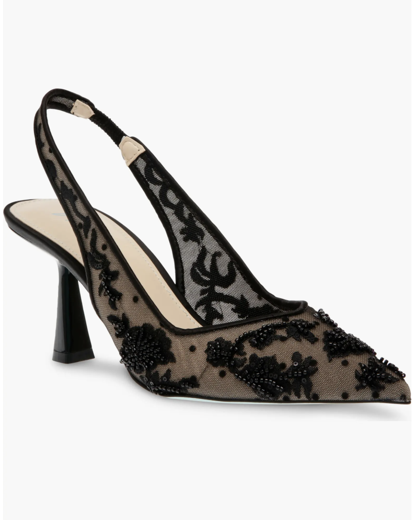 Black lace pointed-toe slingback pumps with floral embroidery, a trending spring 2026 footwear essential for women.