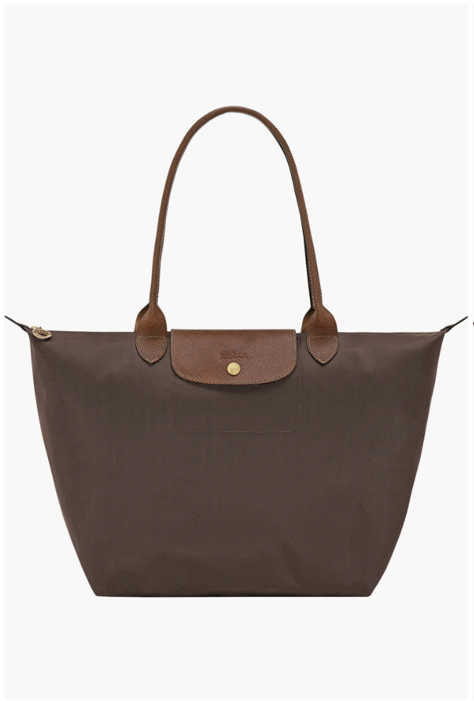 Longchamp Le Pliage Original L zip-top tote in recycled canvas with leather trim.