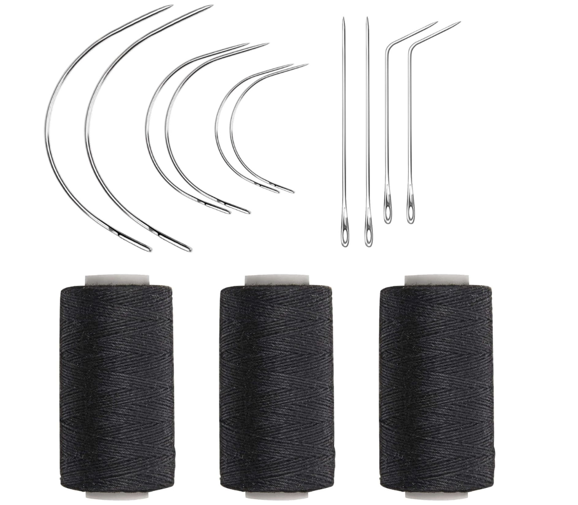 Ryalan weaving set with three spools of black thread, curved needles and straight bent-tip needles.