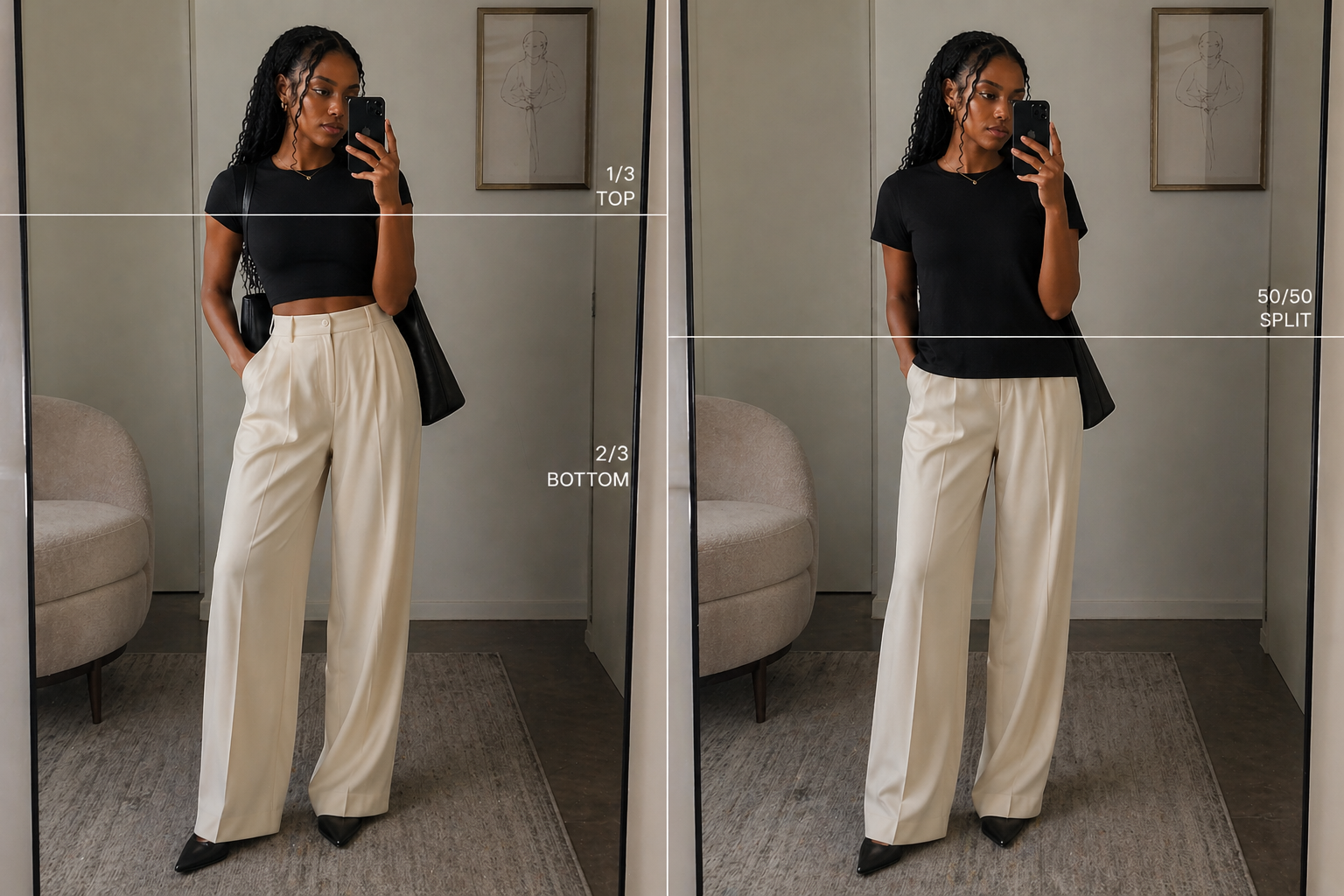 A side-by-side comparison of a woman in a black t-shirt and cream wide-leg trousers. The left side demonstrates the 1/3 top and 2/3 bottom rule with a tucked shirt; the right side shows a 50/50 split with an untucked shirt.