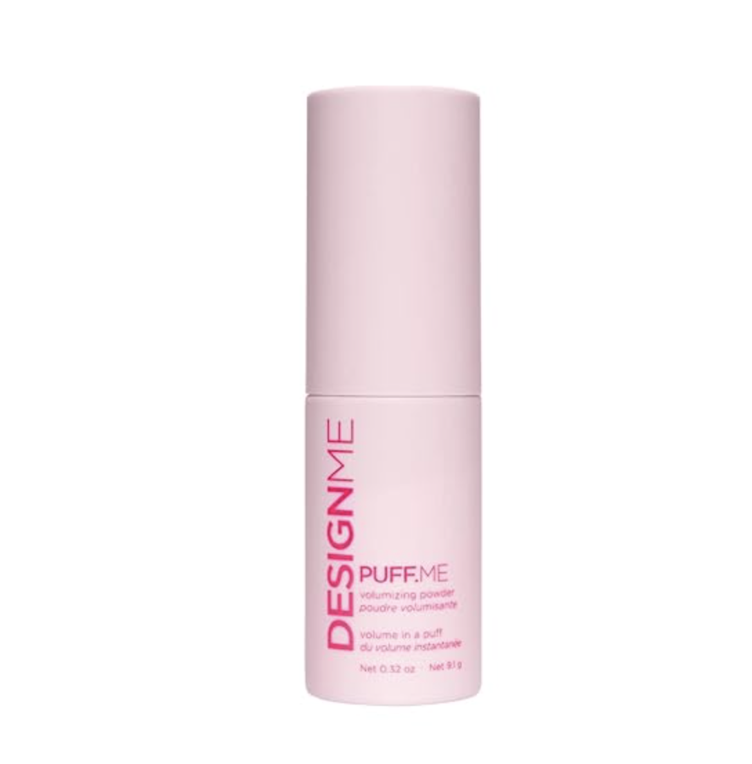 Product bottle of DESIGNME Puff.ME Volumizing Powder, used to create the messy 'Power Flip' hair trend seen at NYFW 2026.