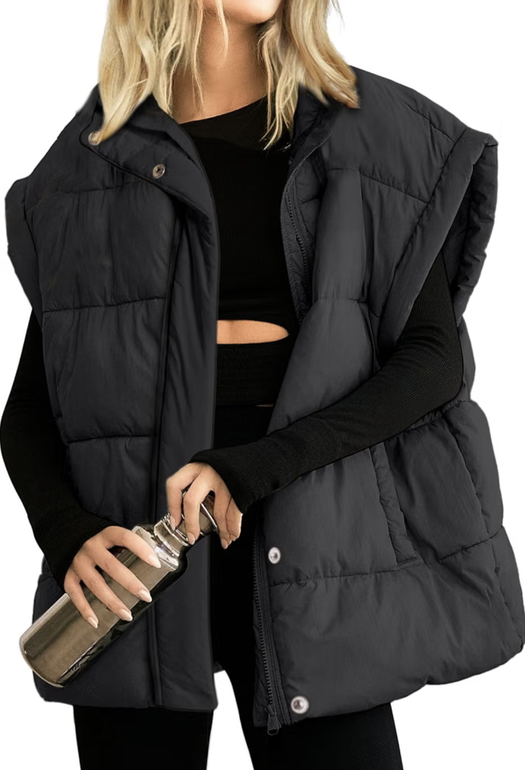 Songling black quilted puffer vest with a stand collar