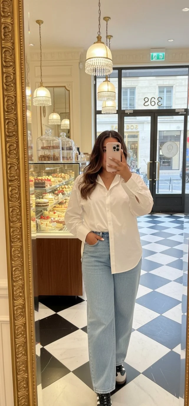 A woman takes a mirror selfie in a classic cafe, wearing an oversized white button-down shirt tucked into light-wash, high-waisted wide-leg jeans.