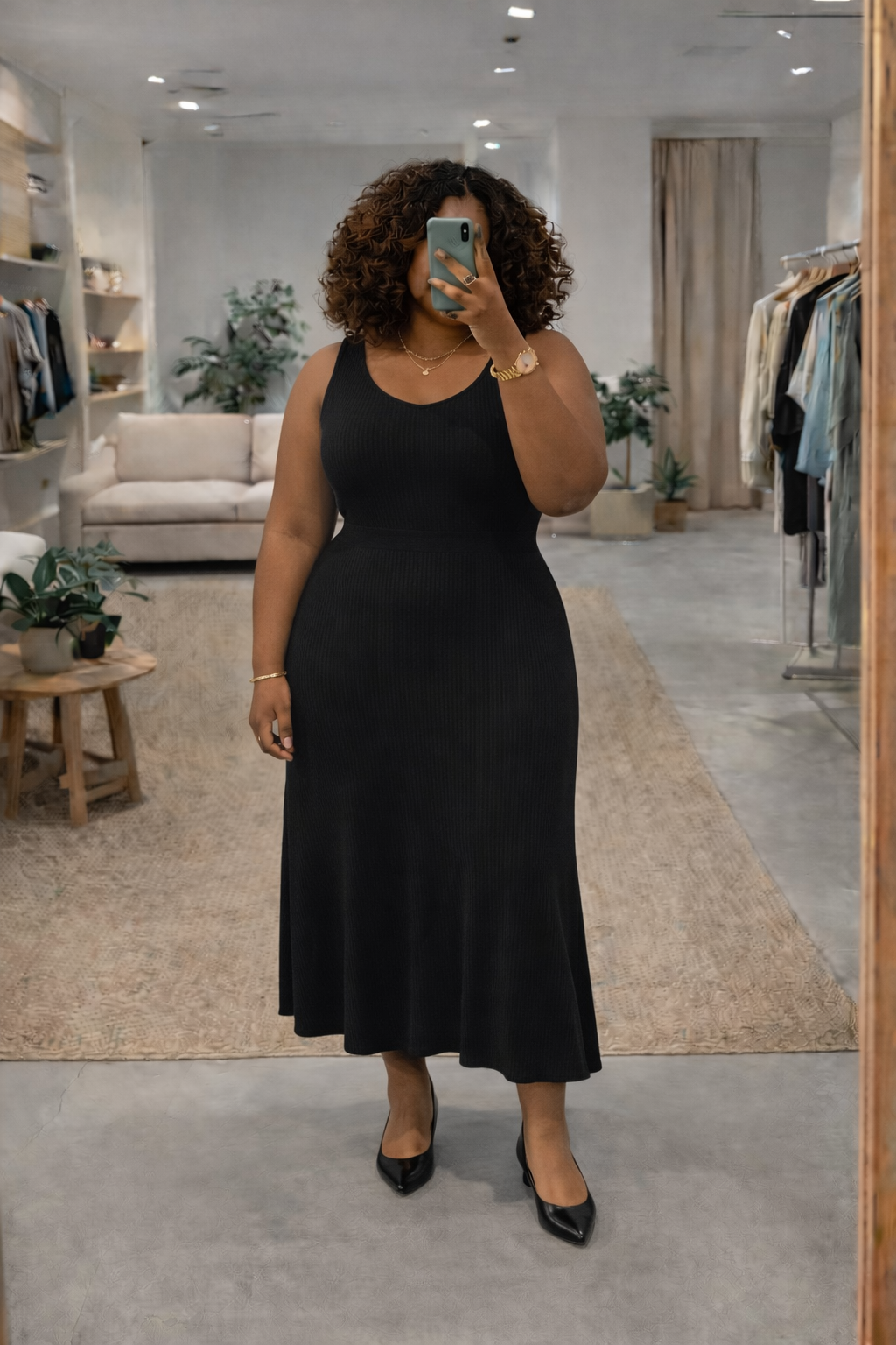 An African American woman with brown curly hair taking a mirror selfie in a minimalist boutique, wearing a black ribbed fit-and-flare maxi dress. She is styled with layered gold necklaces, a gold watch, and black pointed-toe heels.