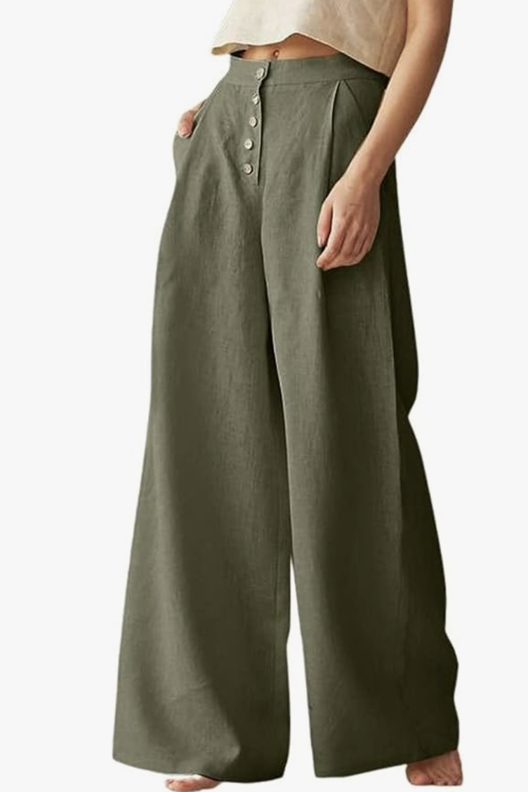 Olive green wide-leg linen palazzo pants with a high waist, a breathable and polished spring wardrobe essential for 2026.