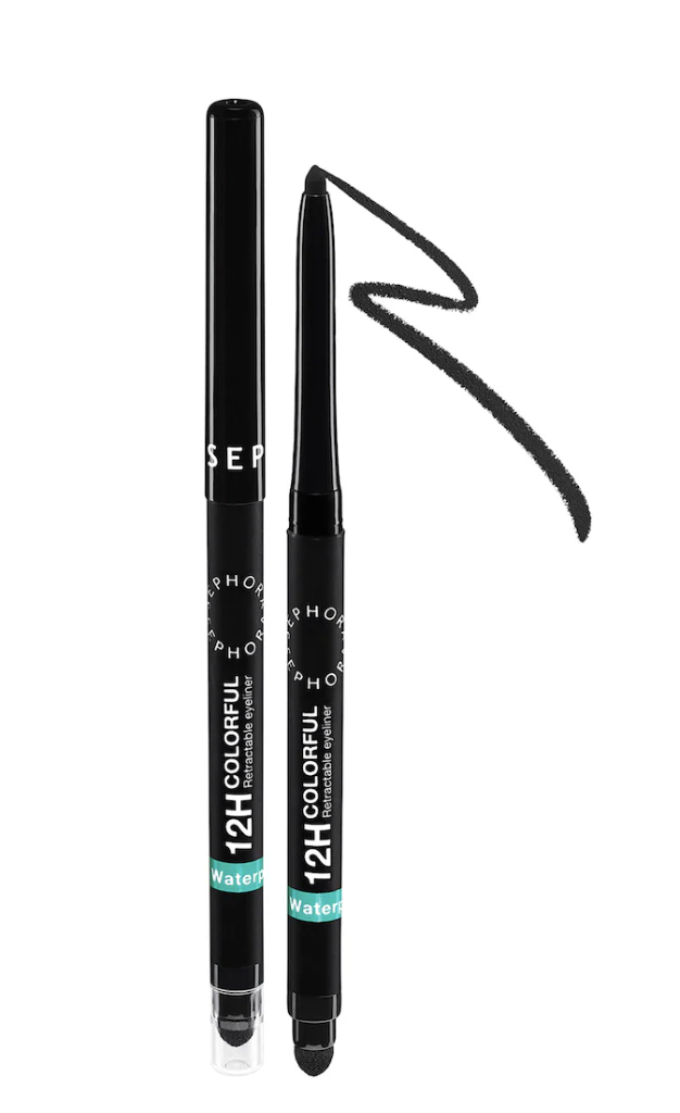 Sephora Collection 12HR Colorful Waterproof Retractable Eyeliner pencils in black showing the precision tip and built-in sharpener against a transparent background.