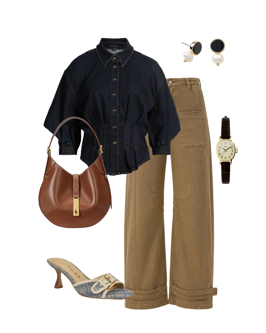 Tobacco brown jeans with a denim shirt and cognac-colored accessories