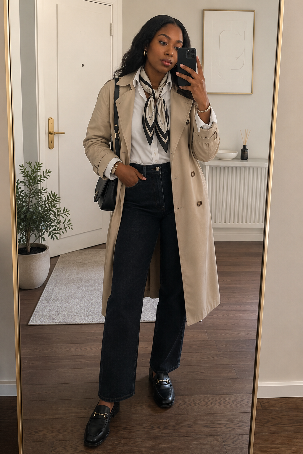 A mirror selfie of a woman wearing a black and white patterned silk neck scarf tied over a crisp white button-up shirt, layered under a classic beige trench coat and paired with dark wide-leg jeans and black leather loafers.