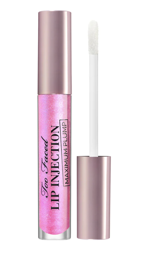 A tube of Too Faced Lip Injection Maximum Plump Extra Strength Lip Plumper in a shimmering pink shade with the applicator wand pulled out.