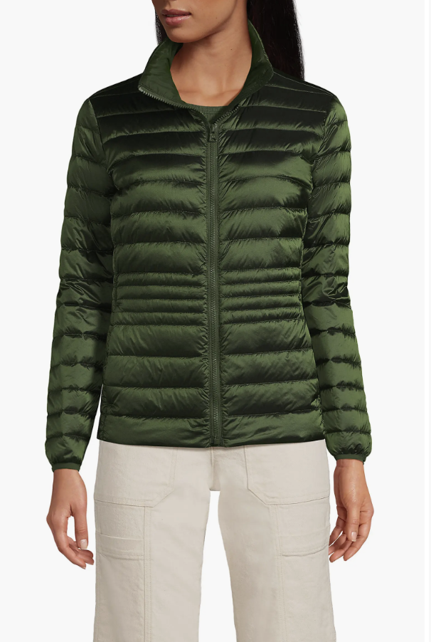 Lands' End Wanderweight ultralight jacket styled for fall, featured in an Autum Love guide