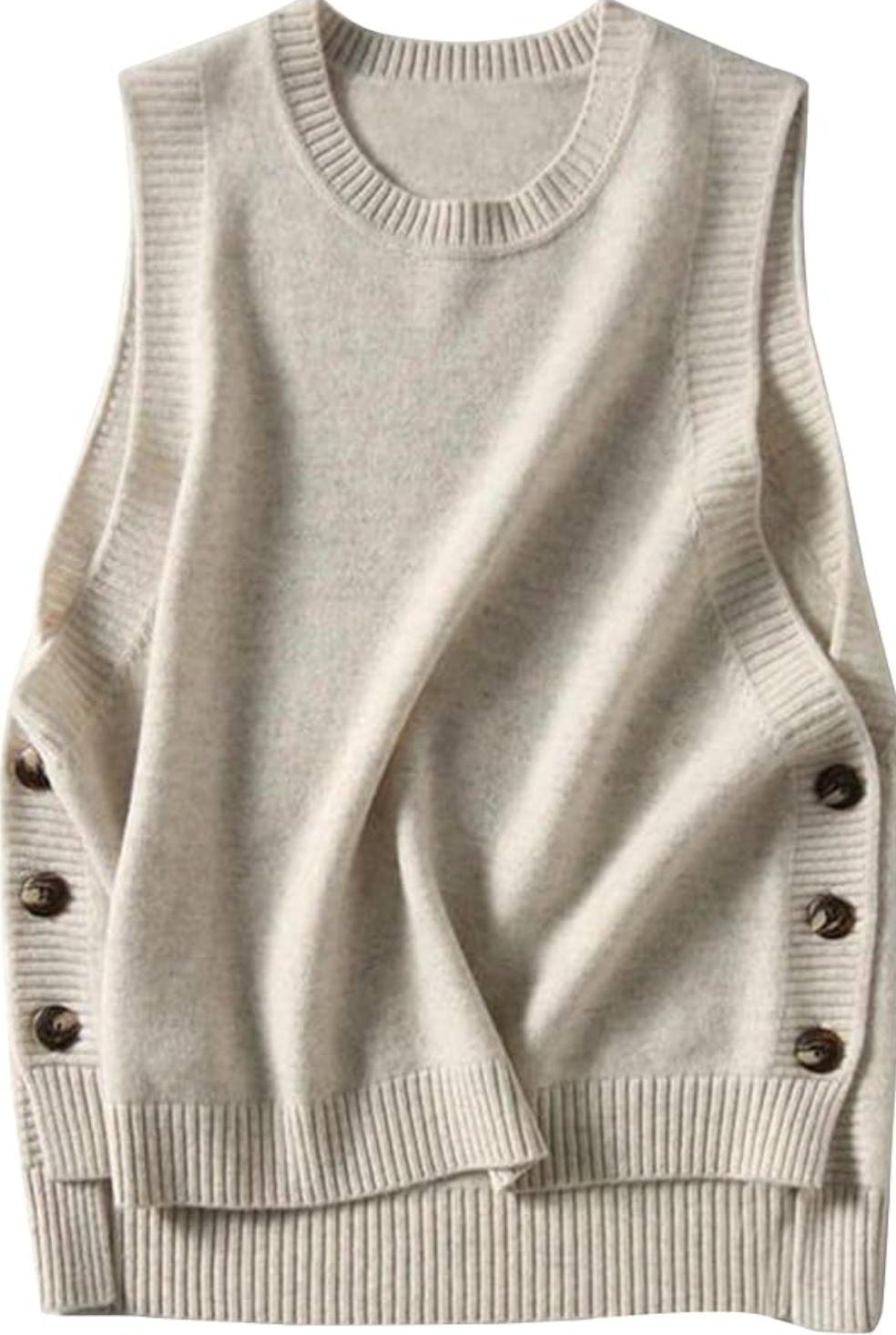 A close-up of a beige Sleeveless Pullover Ribbed Knit Sweater Vest with side button details, shown as a versatile layering piece for a professional office wardrobe.