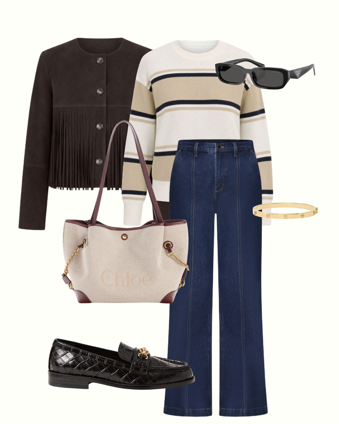 Flat lay of a brown suede jacket, striped fine-knit sweater, dark-wash jeans and loafers for a fall pumpkin patch outfit