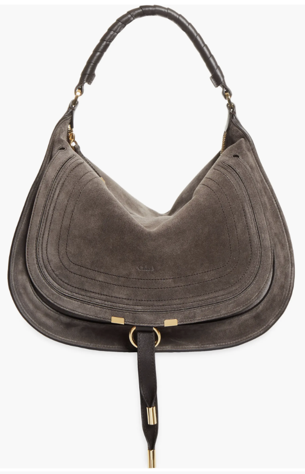 Dark grey suede saddle-style shoulder bag with gold hardware.