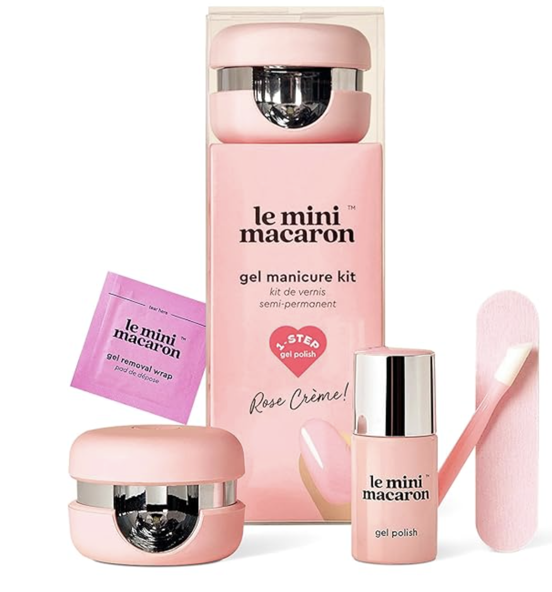 Le Mini Macaron at-home gel manicure kit featuring a rose gold macaron-shaped LED lamp, matching gel polish, and accessories.