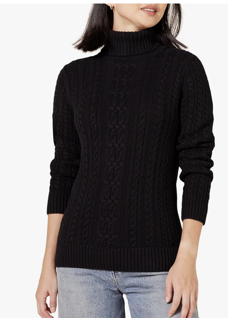 Amazon Essentials fisherman cable-knit turtleneck sweater for fall.