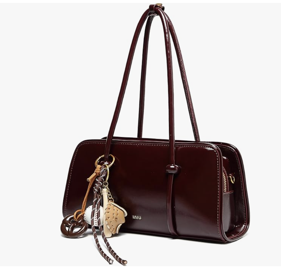 Dark burgundy structured women's summer handbag baguette style under $100 from Amazon