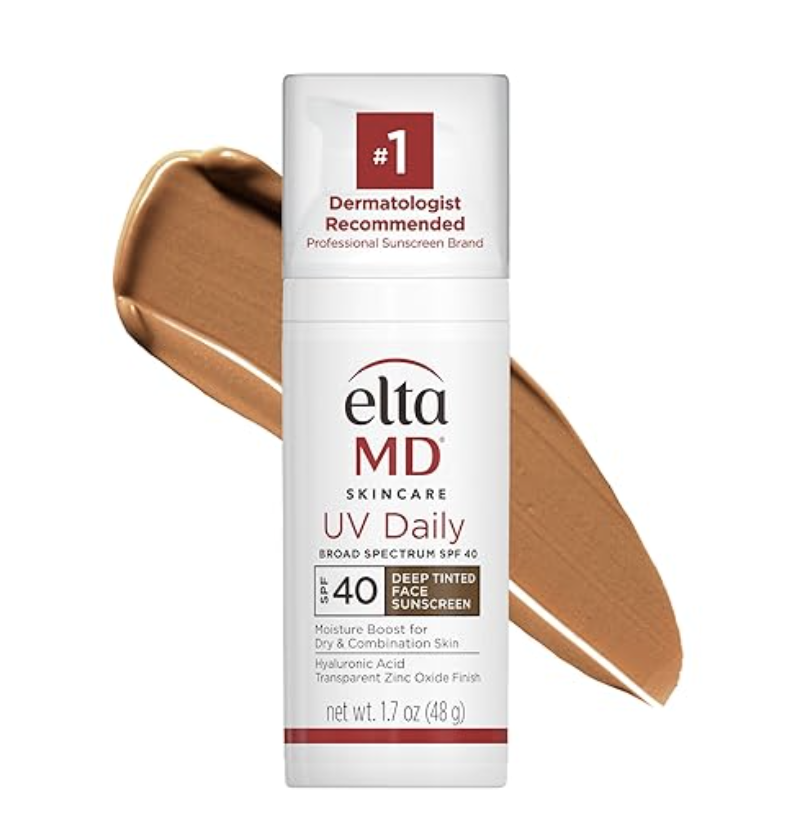A pump bottle of EltaMD UV Daily Tinted SPF 40 Sunscreen, a dermatologist-recommended tinted face moisturizer.