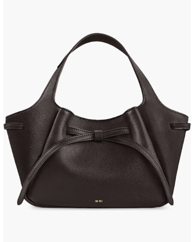 Dark brown textured leather shoulder tote bag with front tie detail.