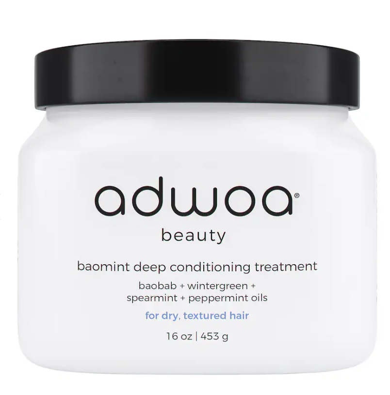 adwoa beauty Baomint Deep Conditioning Treatment in a white tub with a black lid, featuring baobab, wintergreen, and spearmint oils to hydrate and soften dry, textured 4C hair.