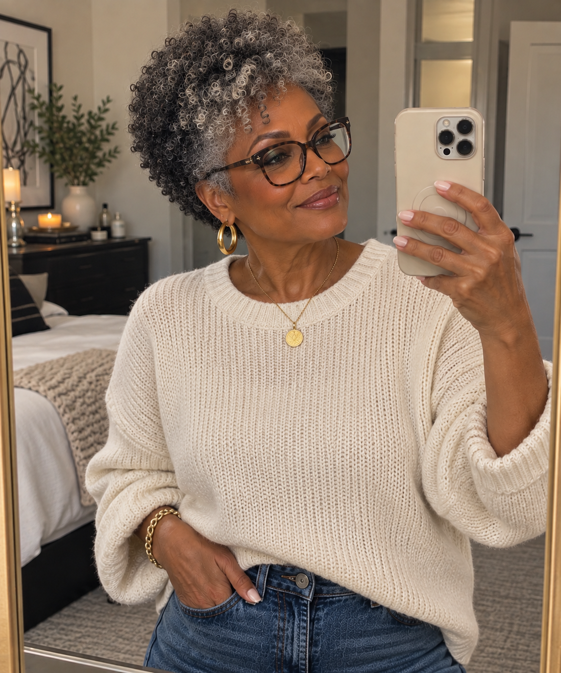 Woman over 65 wearing a layered gray curly bob with volume around the cheekbones and jaw.