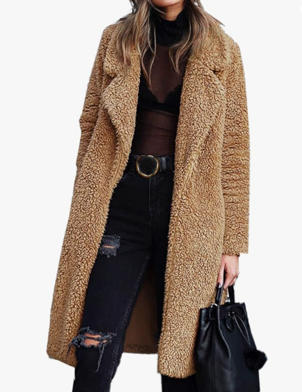 Fuzzy Fleece Lapel Open Front Long Cardigan Coat