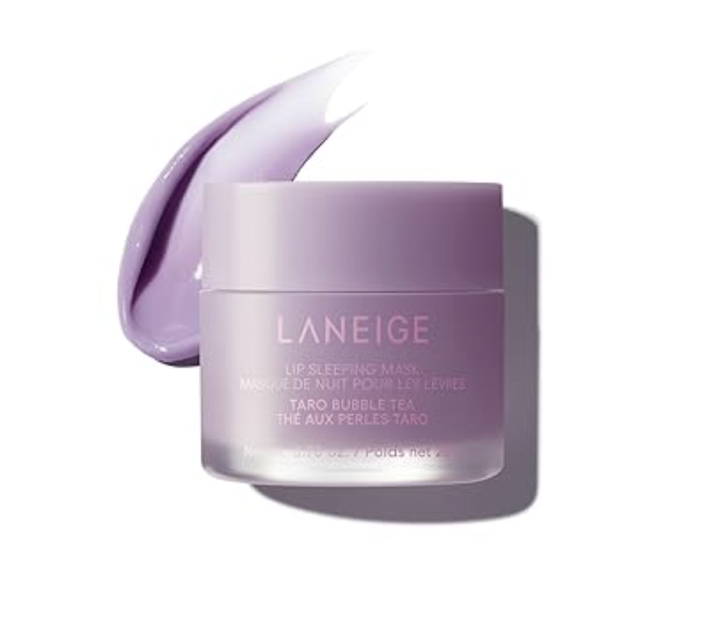 A jar of LANEIGE Lip Sleeping Mask in the Taro Bubble Tea scent, a hydrating purple lip treatment.