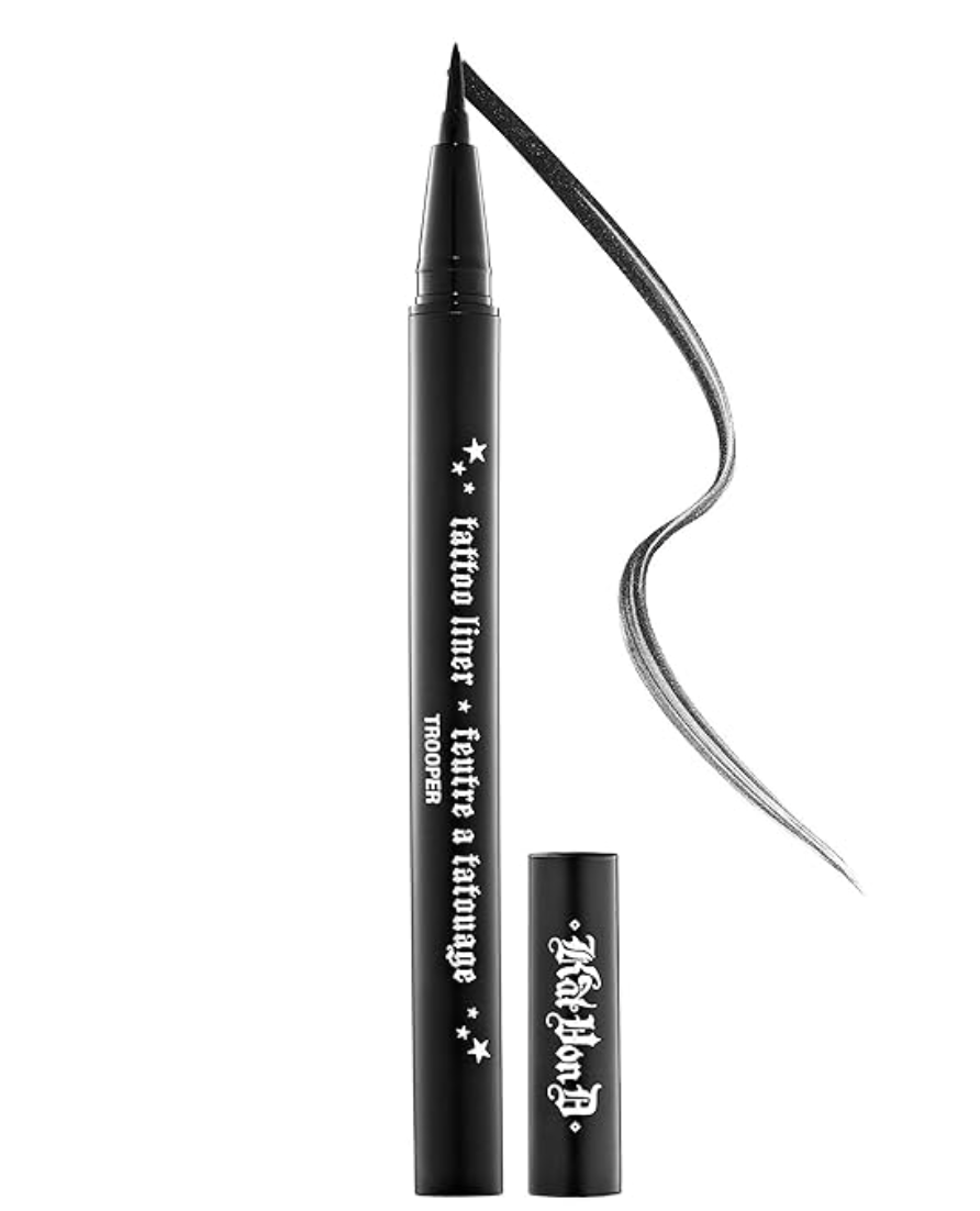 KVD Beauty Tattoo Liner in Trooper Black featuring the needle-thin brush tip for sharp wings.