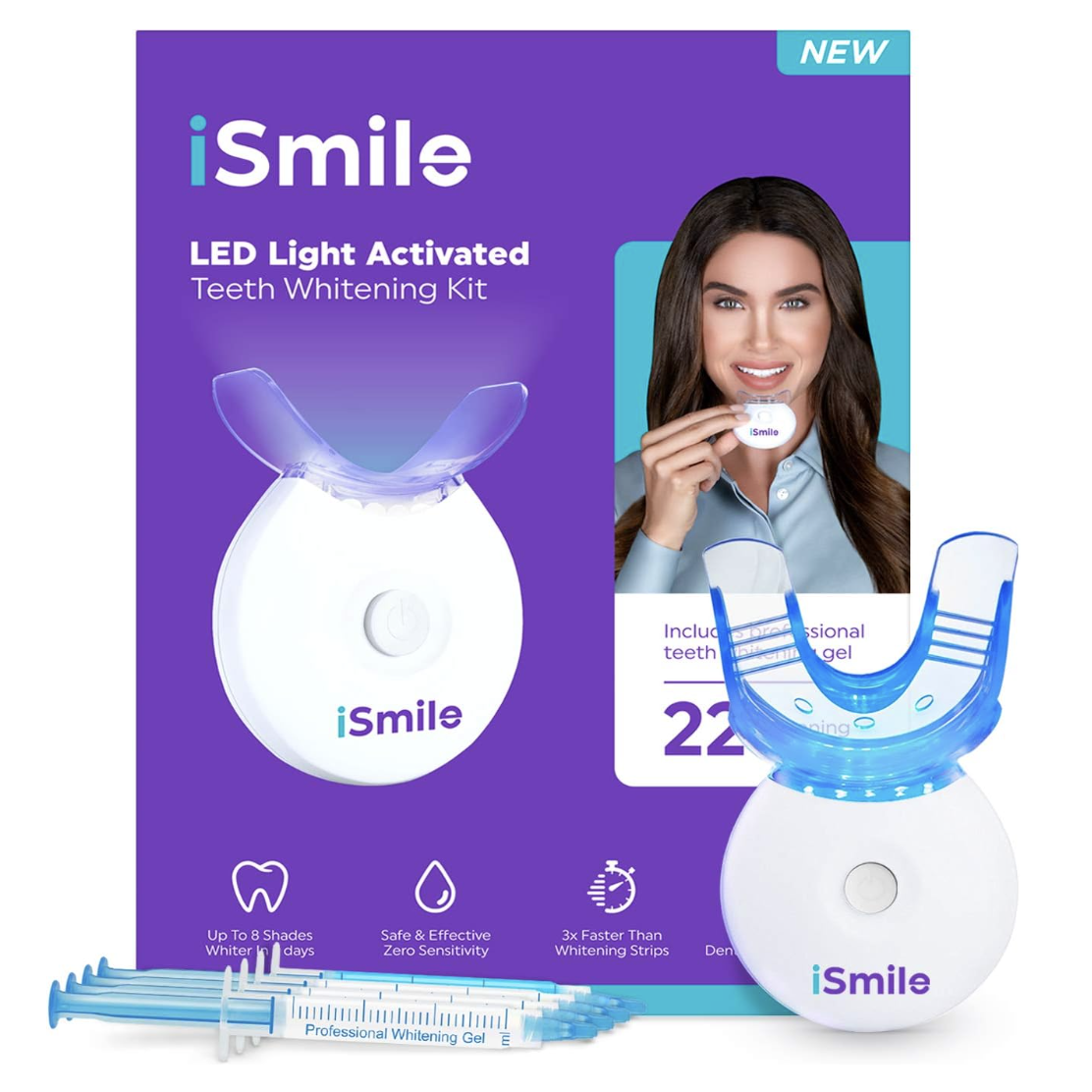 Box and components of the iSmile LED Light Activated Teeth Whitening Kit, including the blue light mouthpiece, whitening gel syringes, and results tracking chart.