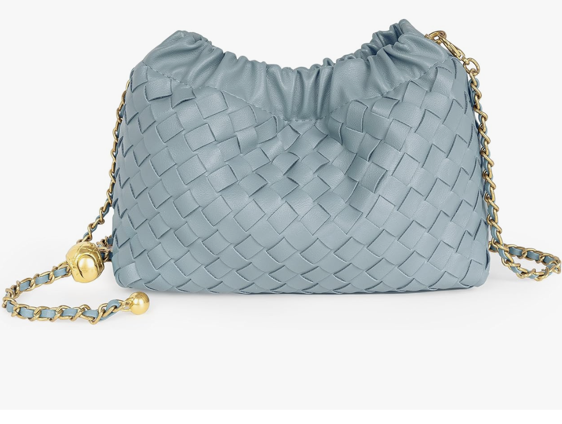 Light blue woven intrecciato-style chain mini shoulder bag summer 2025 under $100