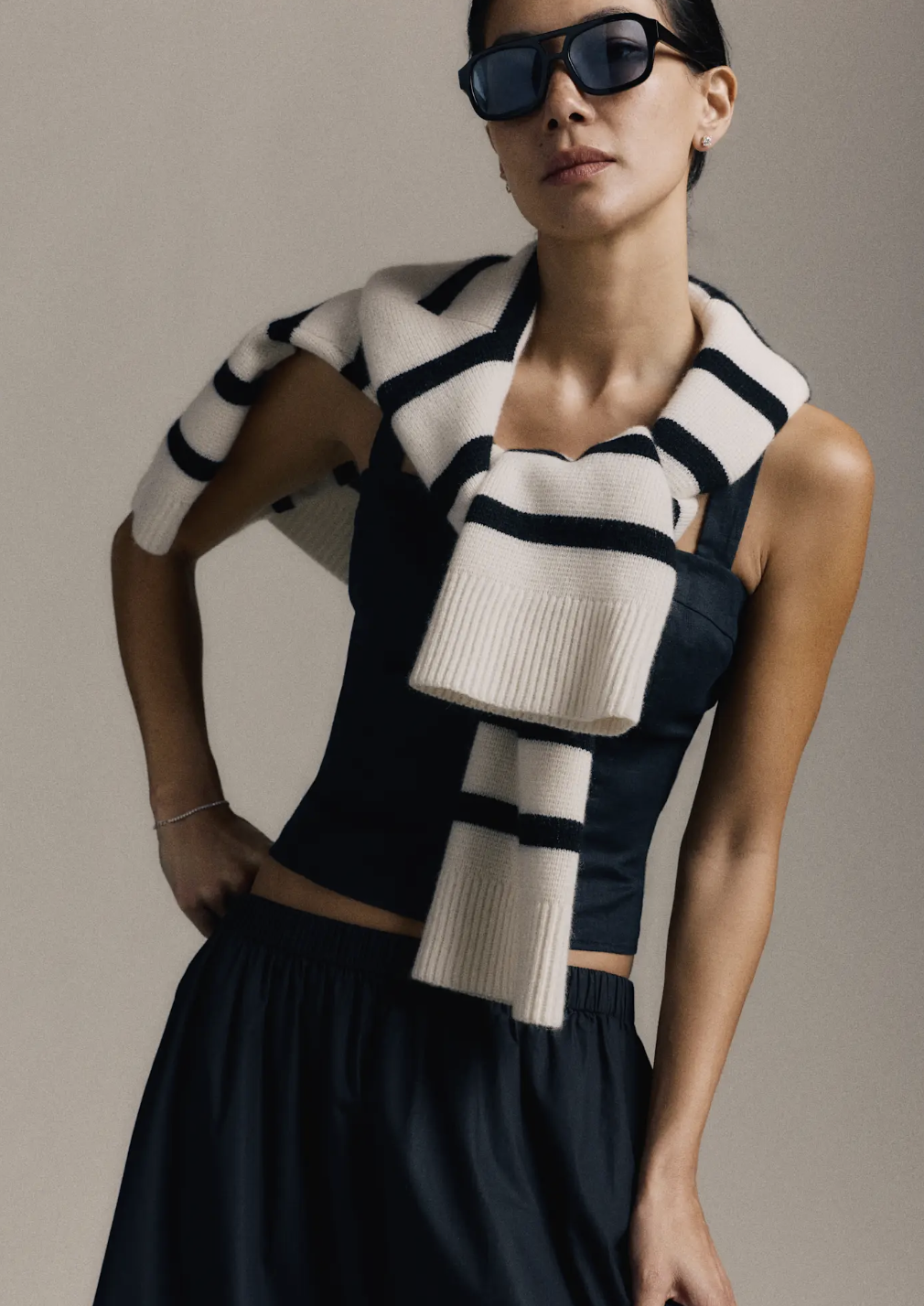 Quince Mongolian cashmere structured cardigan in ivory and black stripe