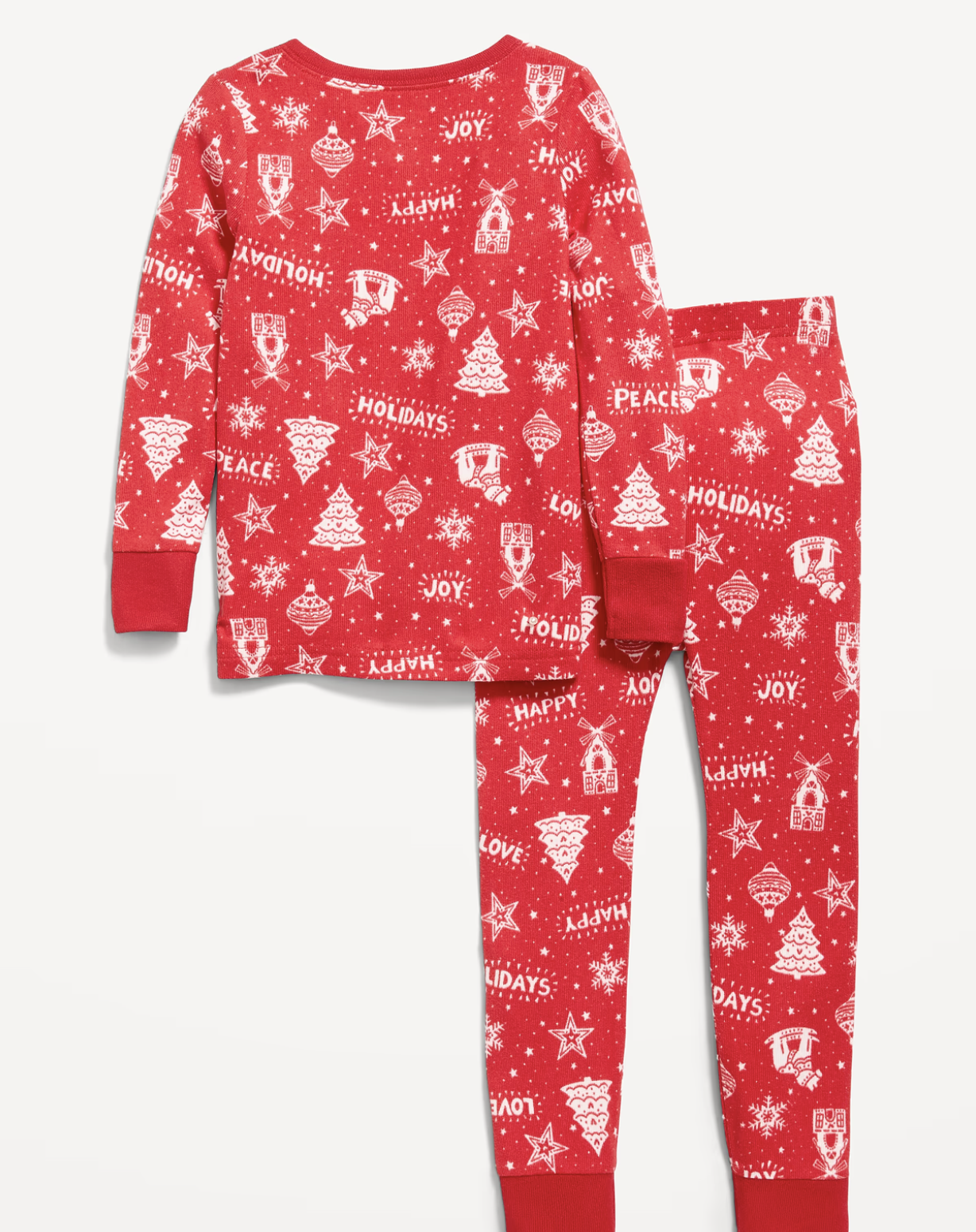 Old Navy SoftMode toddler and baby snug-fit pajama set in red with a white holiday print of trees, ornaments and snowflakes
