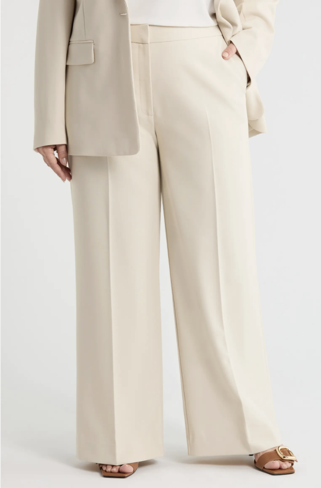 Woman wearing Nordstrom Lennox cream high-waist wide-leg tailored trousers