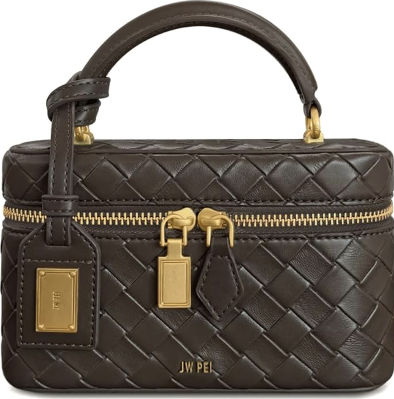 A structured dark brown JW PEI Cleo box handbag with an intricate woven leather texture, a sturdy top handle, and a gold-toned metal clasp.
