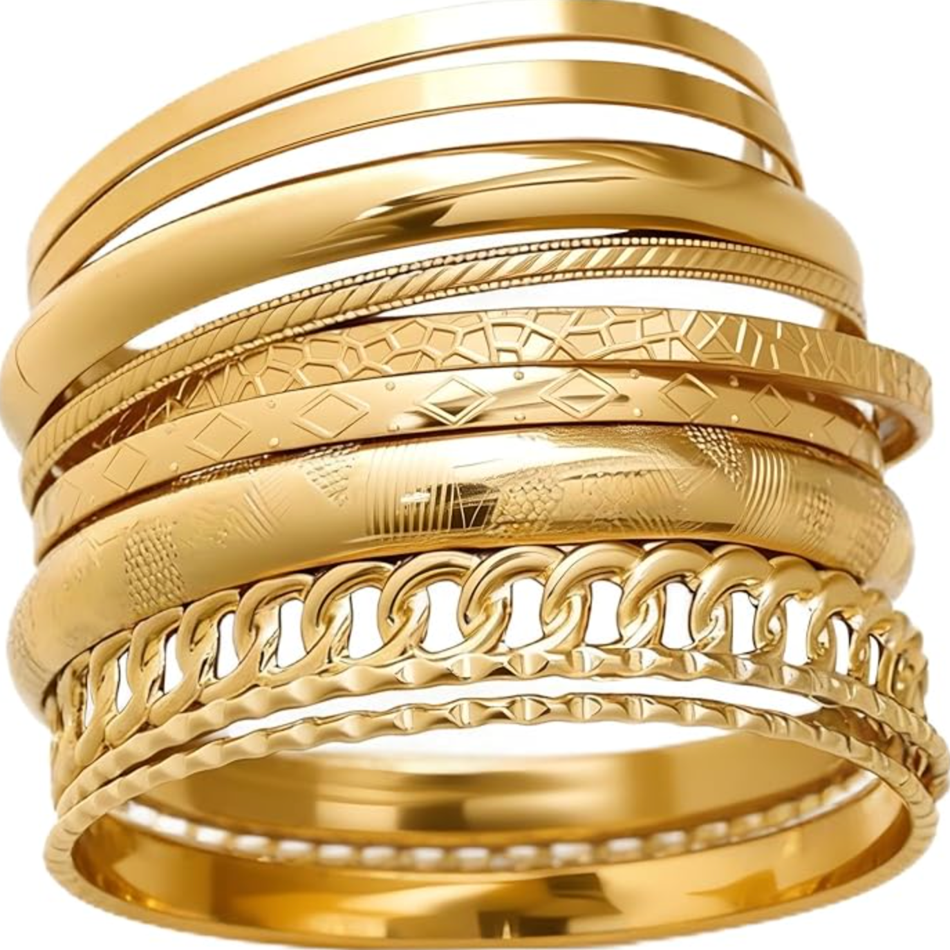A stack of textured and smooth gold-toned bangle bracelets with various widths and patterns, styled as a luxury-inspired accessory for a Mediterranean vacation outfit.