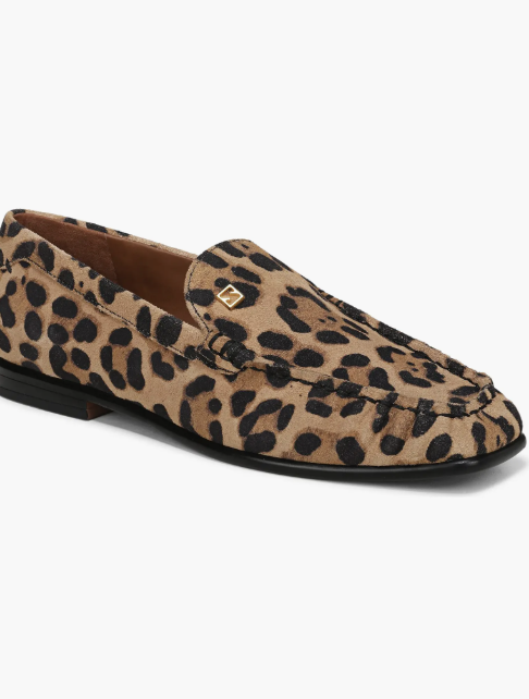 SARTO by Franco Sarto Lainey Loafer in a leopard print calf hair, featuring a slim almond-toe silhouette and gold hardware detail."