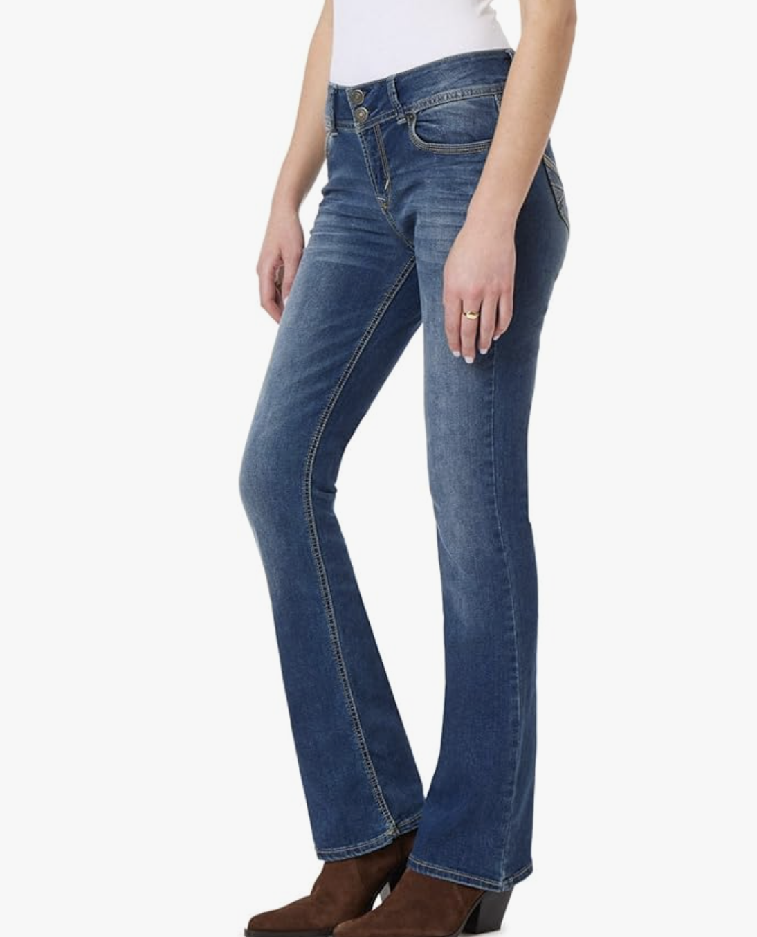Professional stylist's pick for WallFlower Luscious Curvy Bootcut Jeans, featuring a contoured waistband designed to eliminate the waist gap for hourglass and pear shapes.