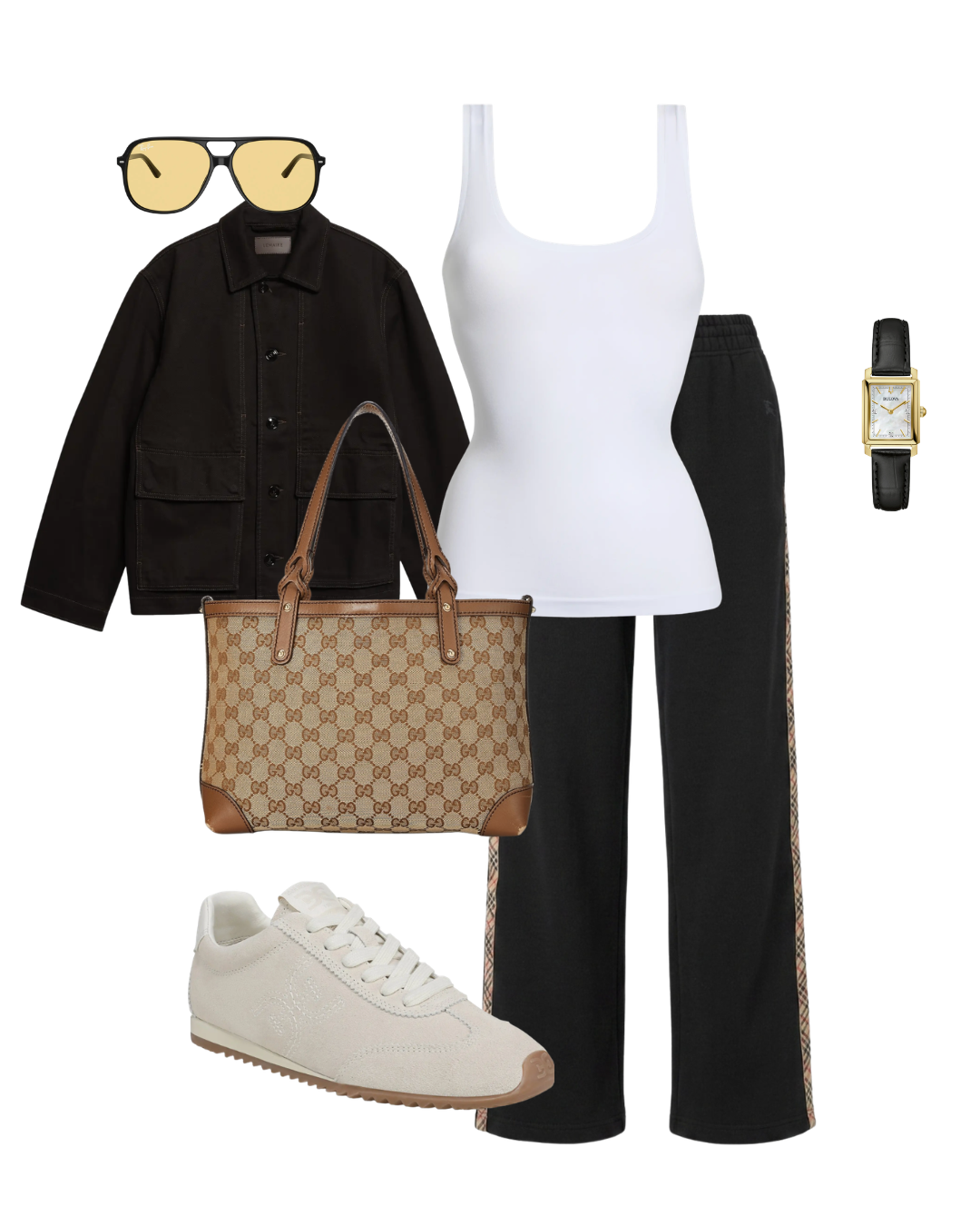 Flat lay outfit grid featuring a black denim jacket, white tank top, black joggers, white sneakers, monogram patterned tote bag, yellow-tinted aviator sunglasses, and a watch.