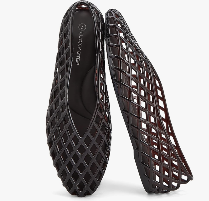 Lucky Step black mesh jelly ballet flats with a caged design, an affordable Amazon alternative for the translucent shoe trend for petites.
