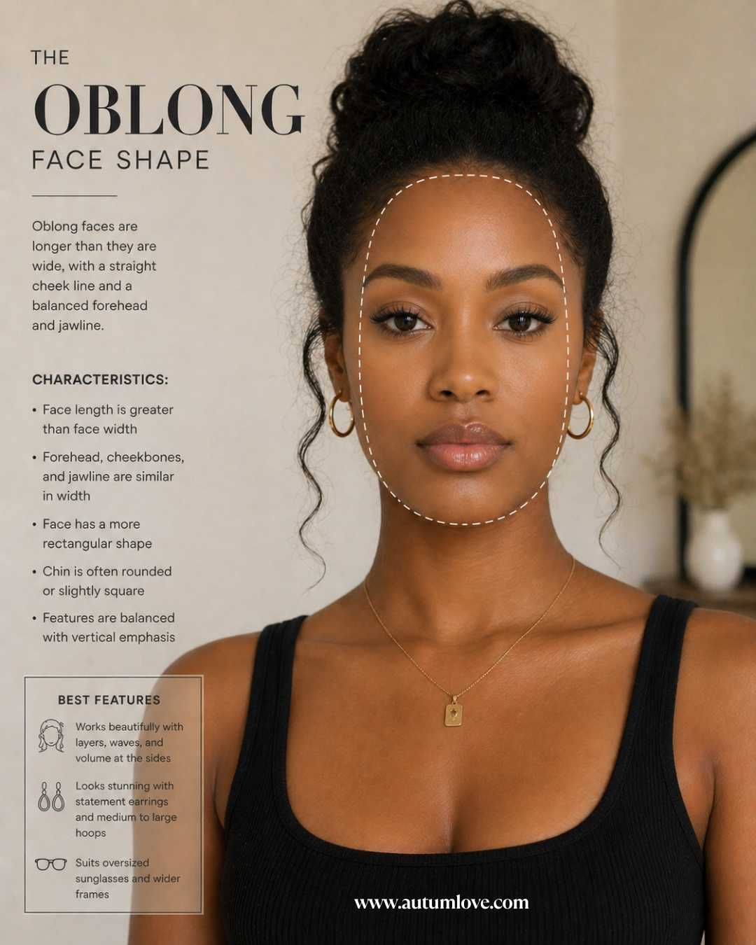 An infographic of a woman with an oblong face shape, highlighting a balanced width across the forehead, cheekbones, and jaw with a significant vertical length.