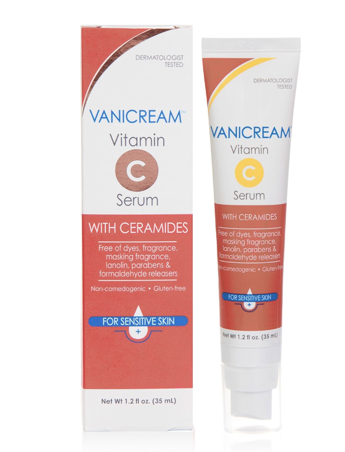 A white and blue bottle of Vanicream Vitamin C Serum for sensitive skin, formulated with THD Ascorbate and ceramides, shown as an esthetician-recommended gentle brightening option.