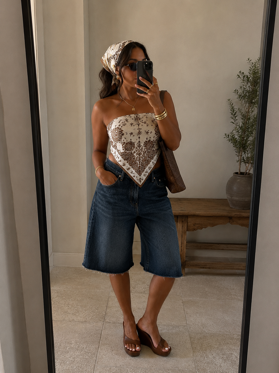 A woman taking a mirror selfie wearing a patterned scarf-style tube top, long denim Bermuda shorts, and brown wedge sandals.