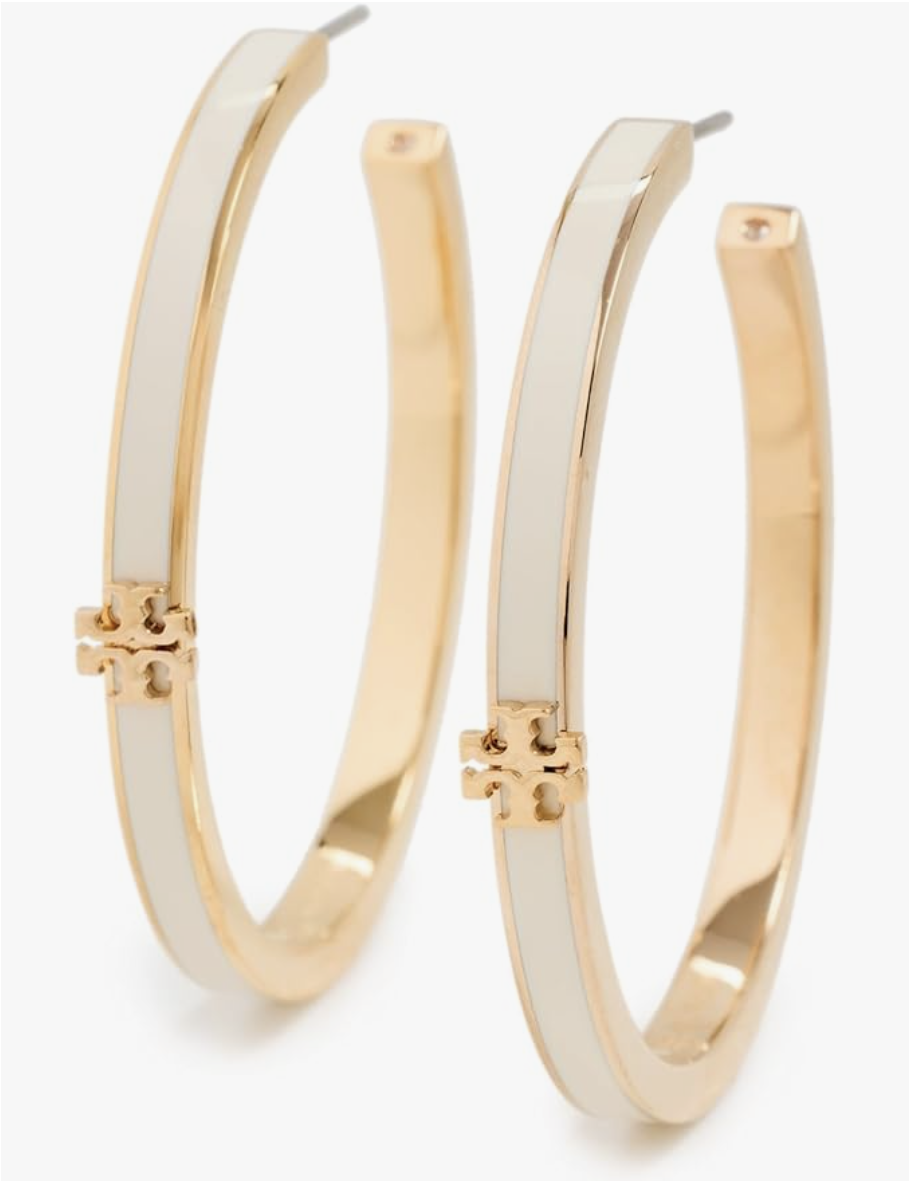 A pair of Tory Burch Kira Enamel Hoop Earrings in New Ivory and gold, featuring the signature double-T logo on a polished gold-tone hardware.