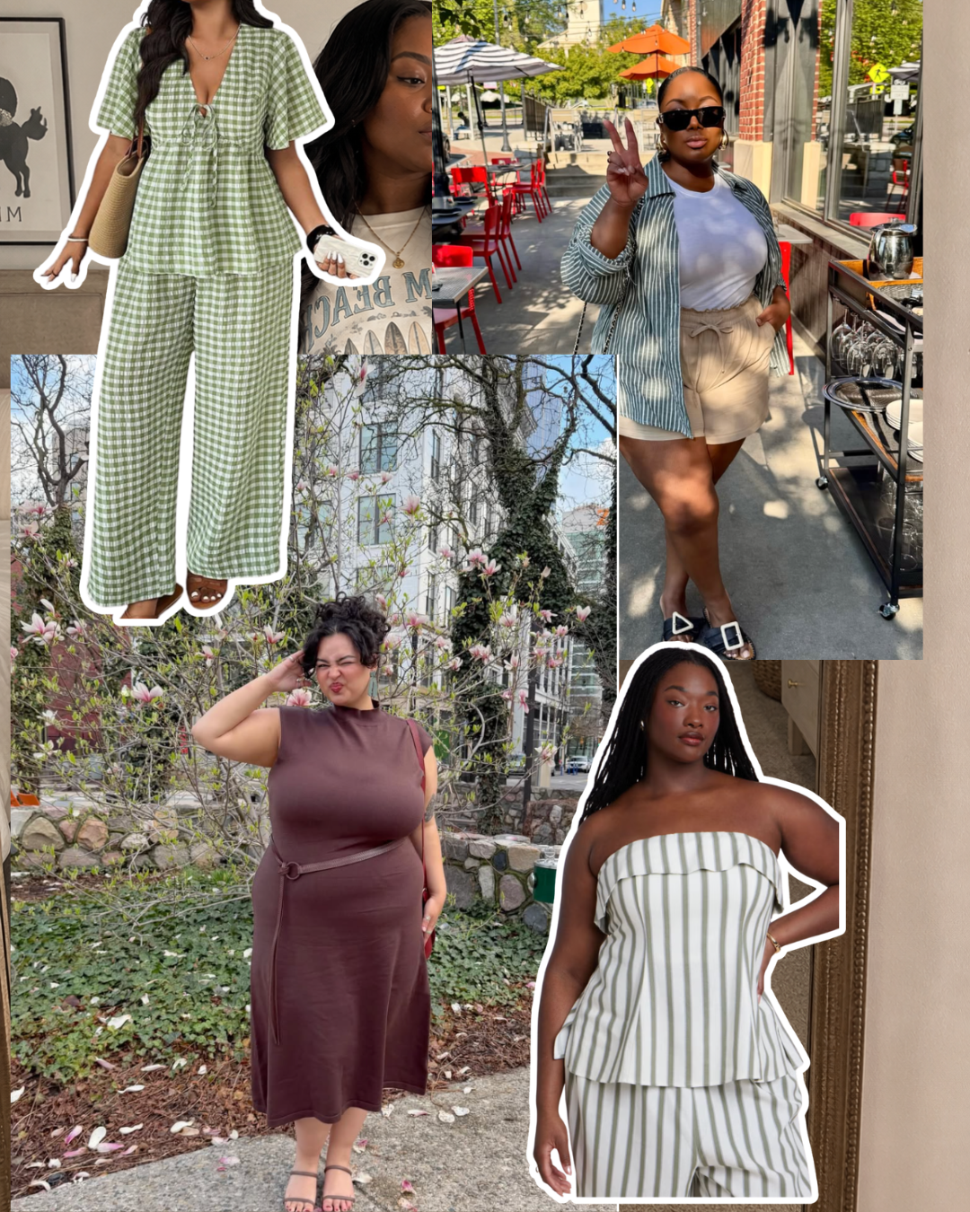 Summer outfit ideas for plus-size women, featuring a matching gingham set, structured shorts with a button-down, a sleeveless midi dress, and a striped strapless dress.