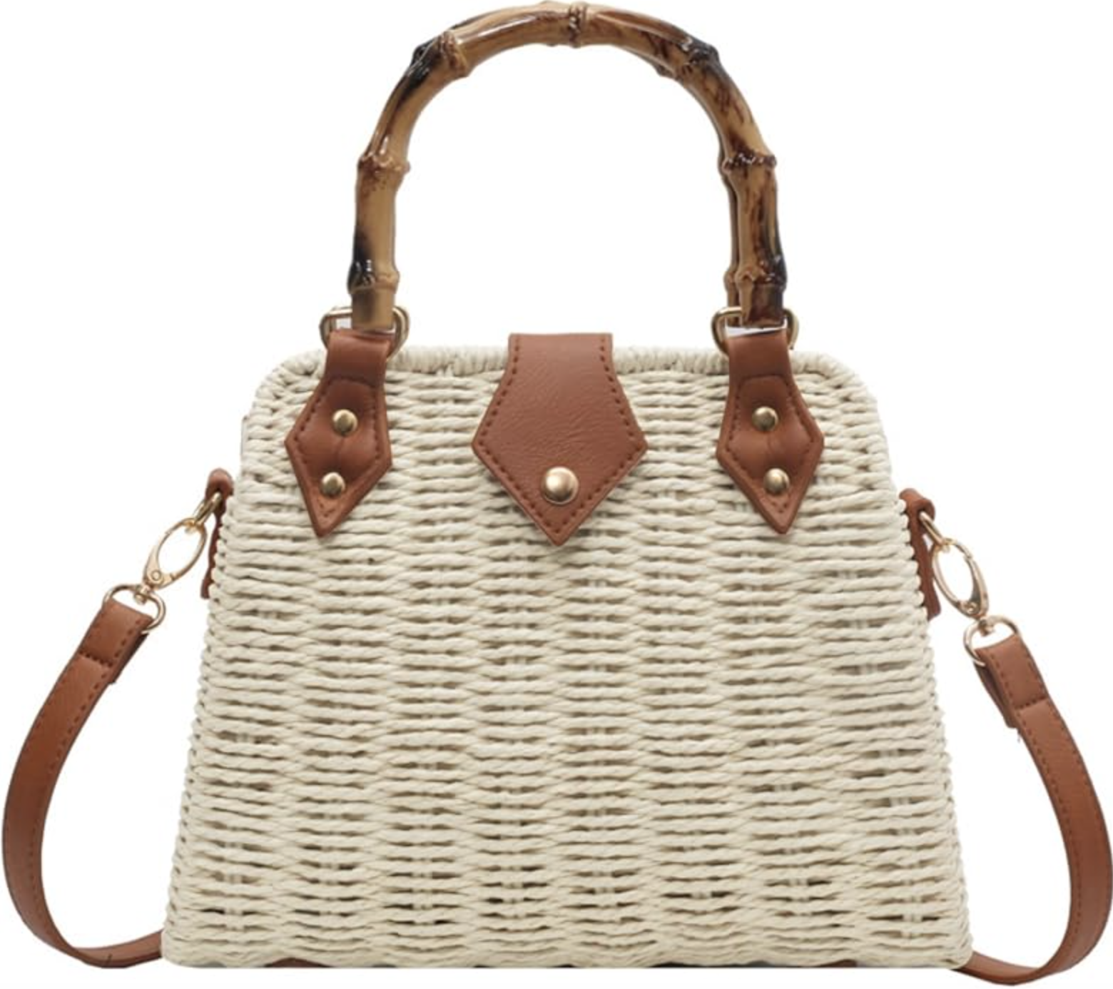 Cream woven straw crossbody summer handbag with brown leather strap under $100