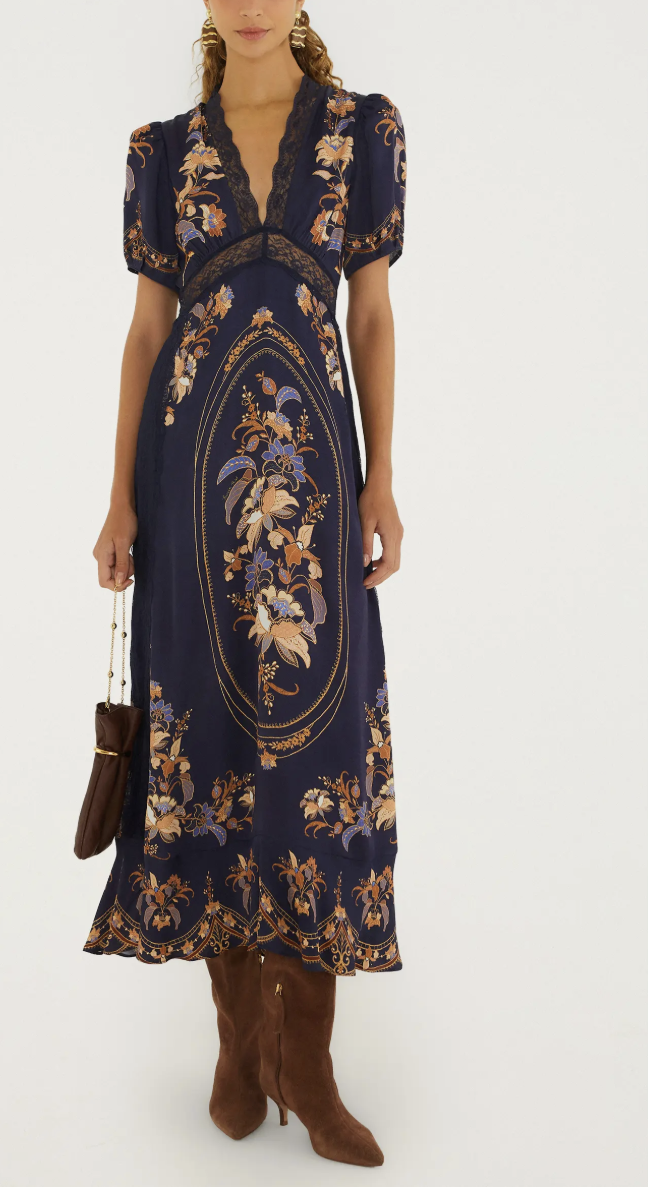 Blue floral FARM Rio Lara maxi dress with short puff sleeves, lace trim and a tiered skirt.