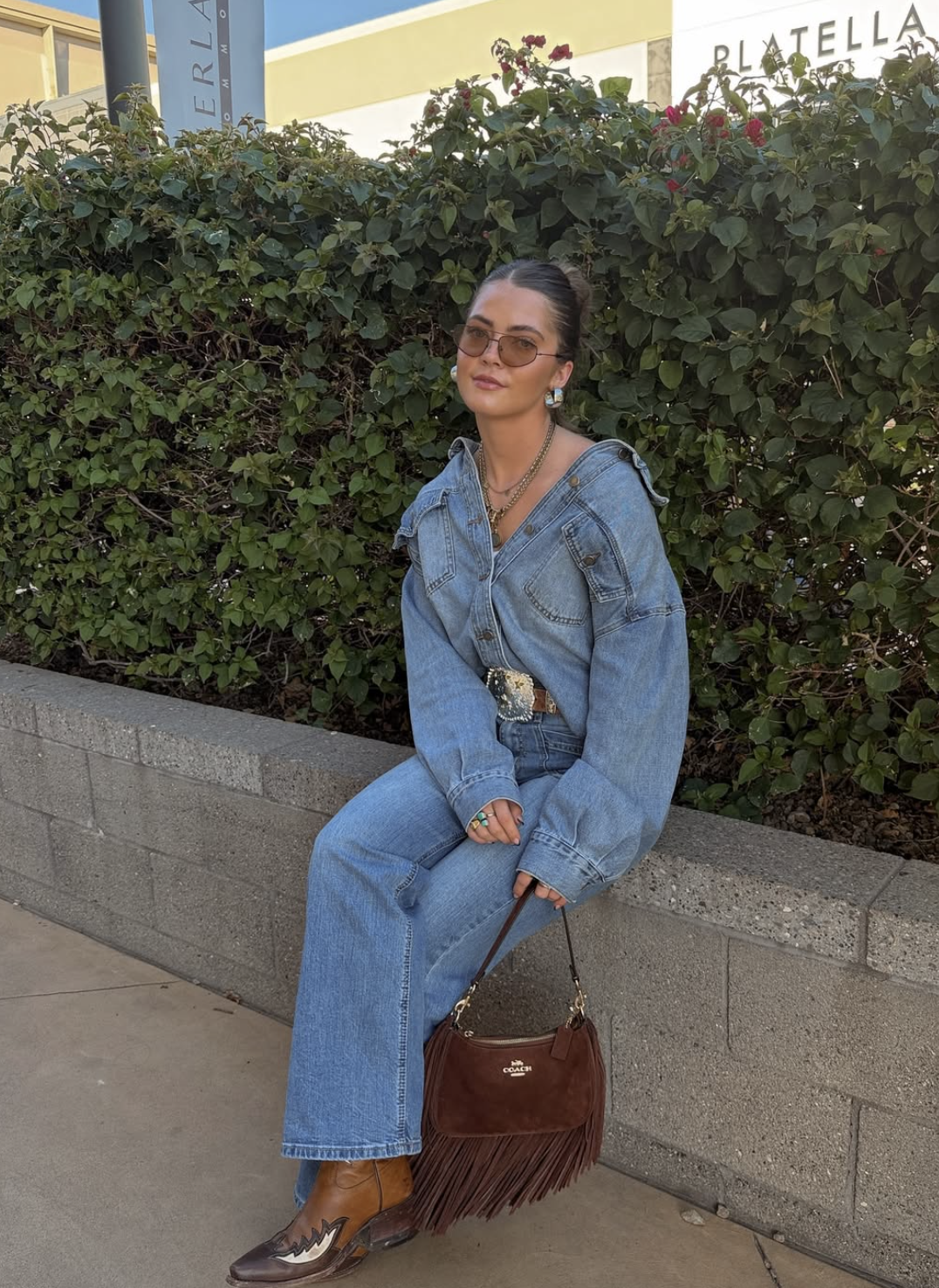 Full-length country concert outfit with matching denim set