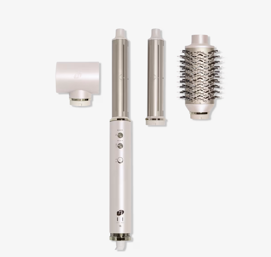 T3 Aire 360 Ceramic Air Styler Blowout Kit in white and rose gold featuring a round brush and curling attachments.
