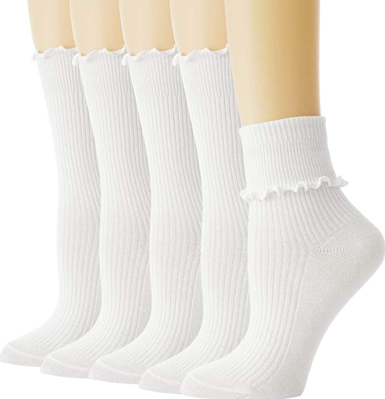 Close up of white ribbed slouchy socks with a ruffle trim, a key accessory for a poetcore aesthetic outfit.
