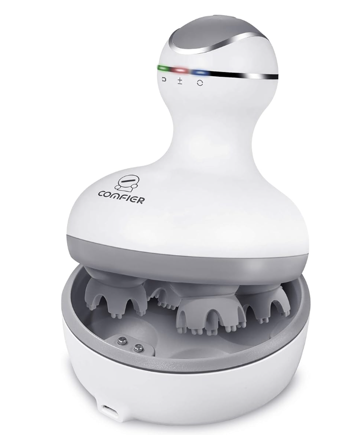 A white and silver Comfier Electric Scalp Massager featuring four rotating massage heads with individual nodes for deep scalp tension relief and hair growth stimulation.